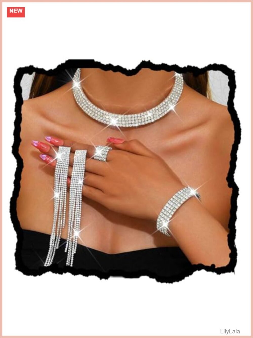 Rhinestone Crystal Wedding Jewelry Set Choker Necklace Earrings Bracelet